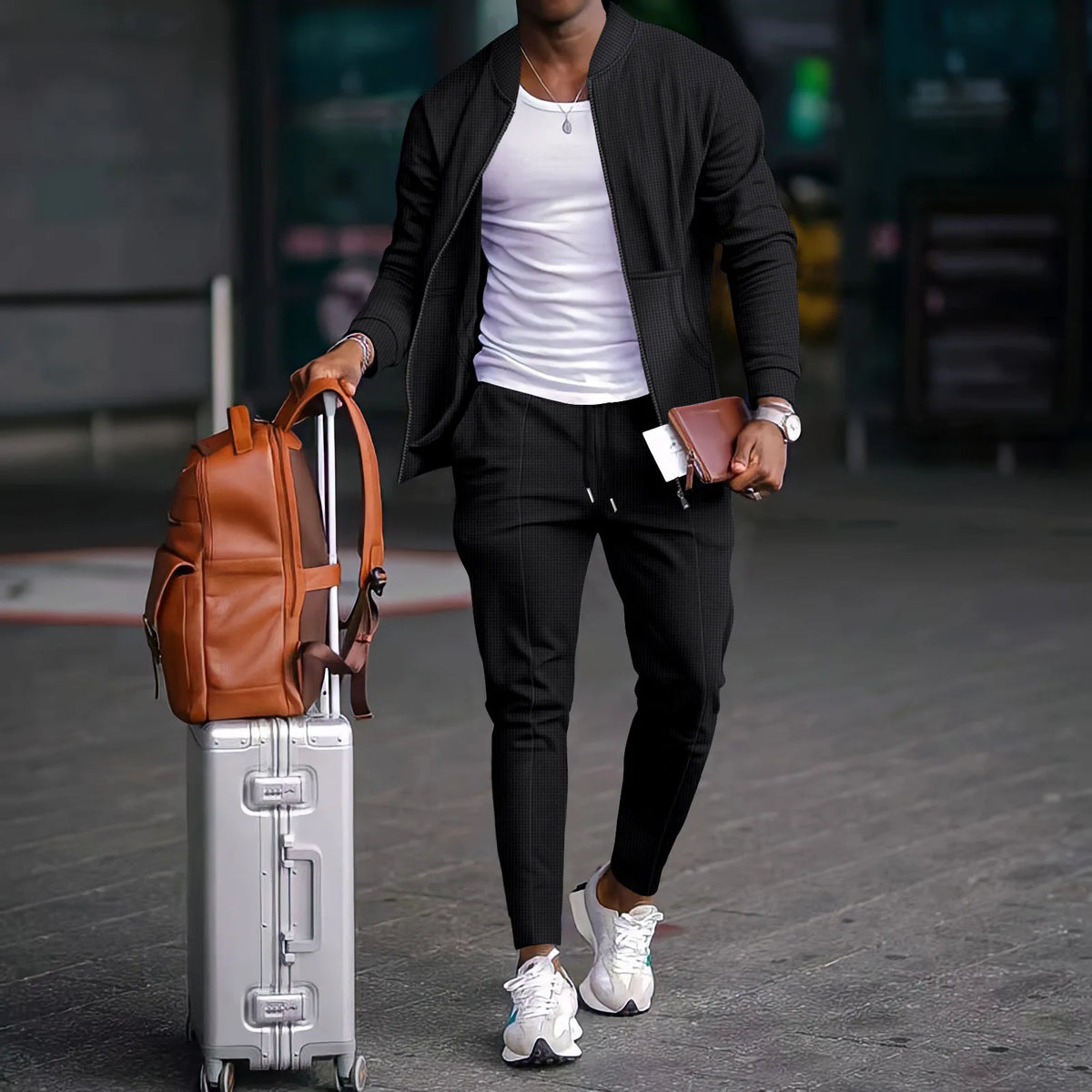 Autumn Winter Men's Casual Blazer Set New Fashion Waffle Baseball Suit Round Neck Pocket Zipper Long Sleeve Trousers Two-Piece S