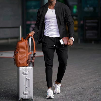 Autumn Winter Men's Casual Blazer Set New Fashion Waffle Baseball Suit Round Neck Pocket Zipper Long Sleeve Trousers Two-Piece S