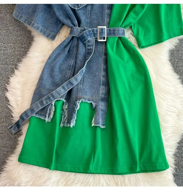 Retro Hong Kong Sle Chic Casual Mid-Length round Ne Patchwork Color Denim irt with Belt Spring New Women's Faion Top
