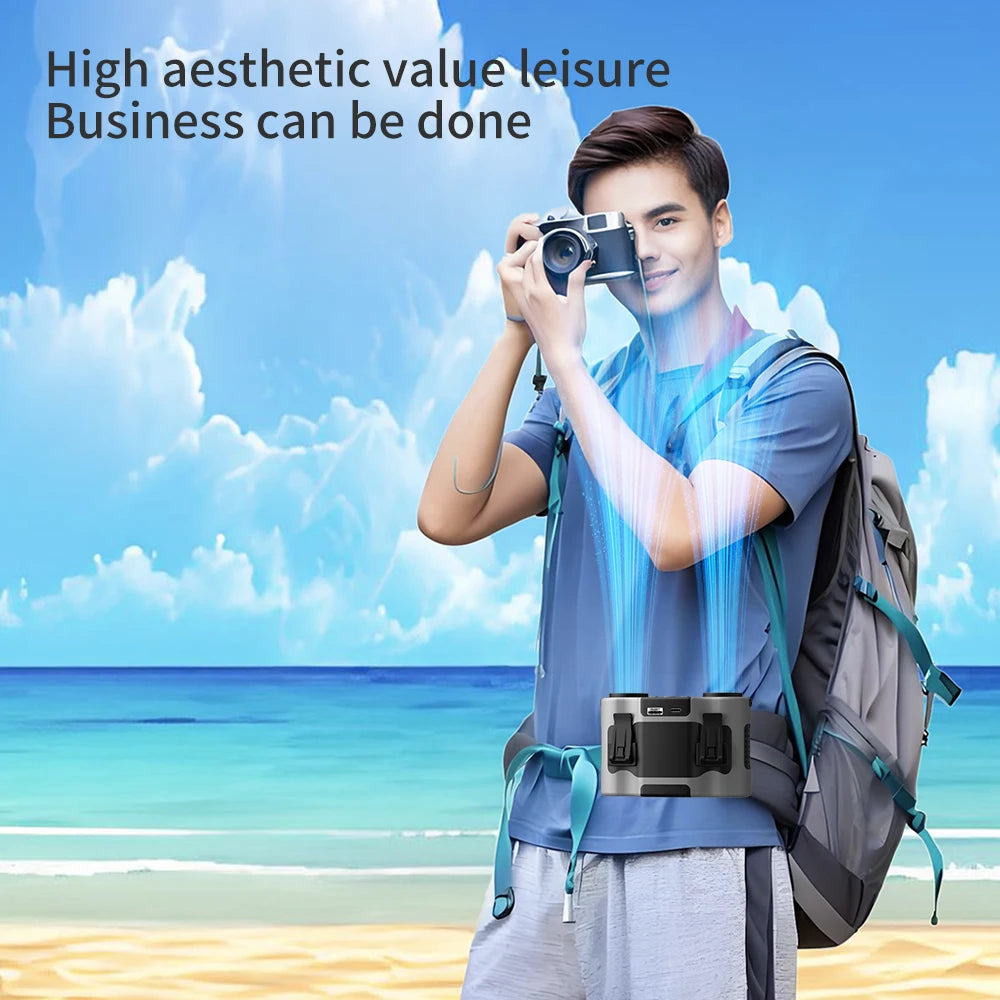 25000mAh Outdoor Waist Clip Fan Handheld Hanging Neck Fan 5-Speed Strong Wind Dual Air Vents USB Rechargeable Power Bank