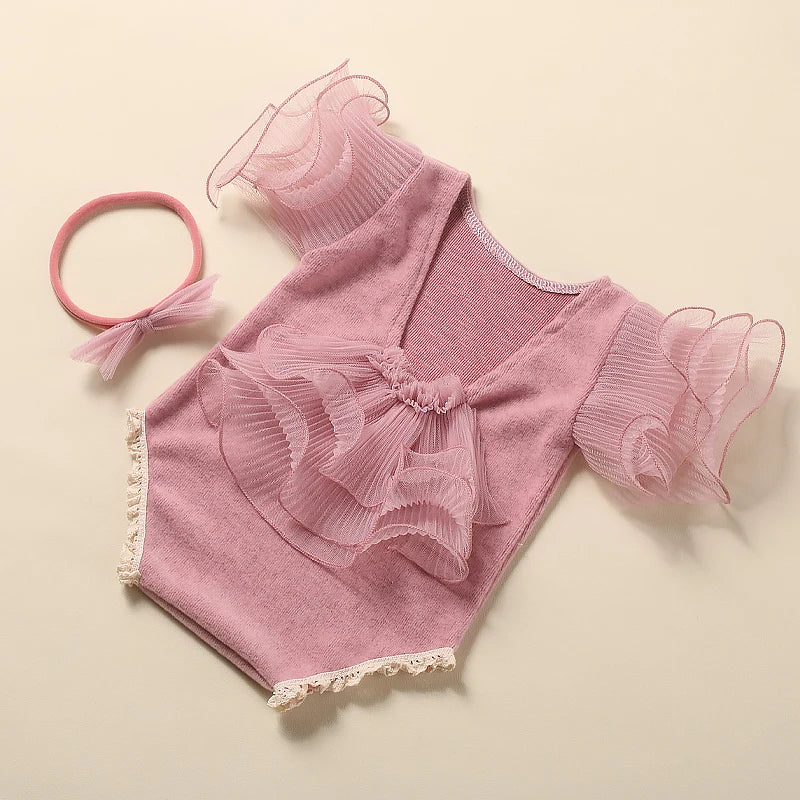 Ylsteed 2 Pieces Set Beige Newborn Photography Costume Lace Romper Bow Headband Set Baby Girl Photo Shooting Outfits