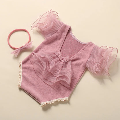 Ylsteed 2 Pieces Set Beige Newborn Photography Costume Lace Romper Bow Headband Set Baby Girl Photo Shooting Outfits