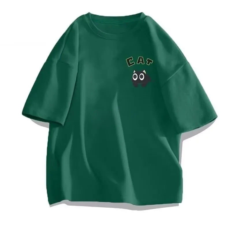 【 M-8XL 】 Summer Limited Edition Men's Oversized T-shirt Korean Casual Loose Style Anime Black Cat Print T-shirt