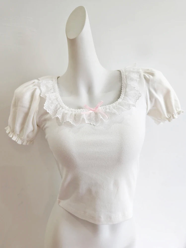 Cute T-Shirts Women Summer Lace Trim Square Collar Puff Sleeve Bows Decoration Love Shape Cotton Tees Tops for Kawaii Girls