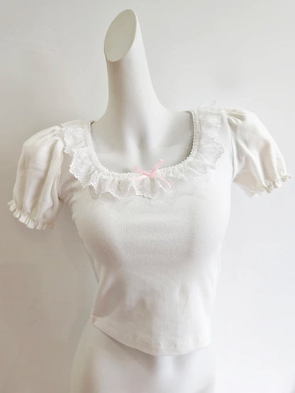 Cute T-Shirts Women Summer Lace Trim Square Collar Puff Sleeve Bows Decoration Love Shape Cotton Tees Tops for Kawaii Girls