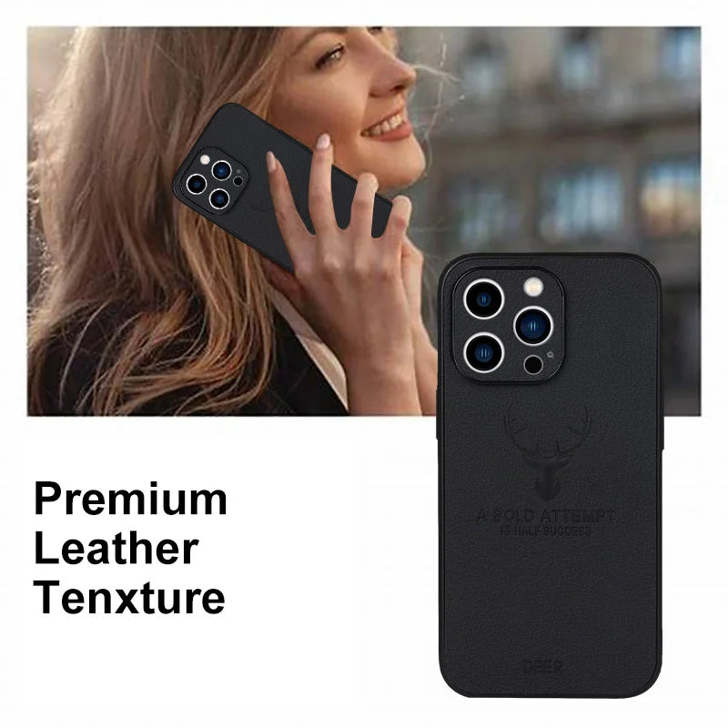 Luxury Business Leather Bumper Case For iPhone 17 Air 16 15 14 13 12 11 Pro Max Mini Plus Shockproof Soft Deer Head Back Cover