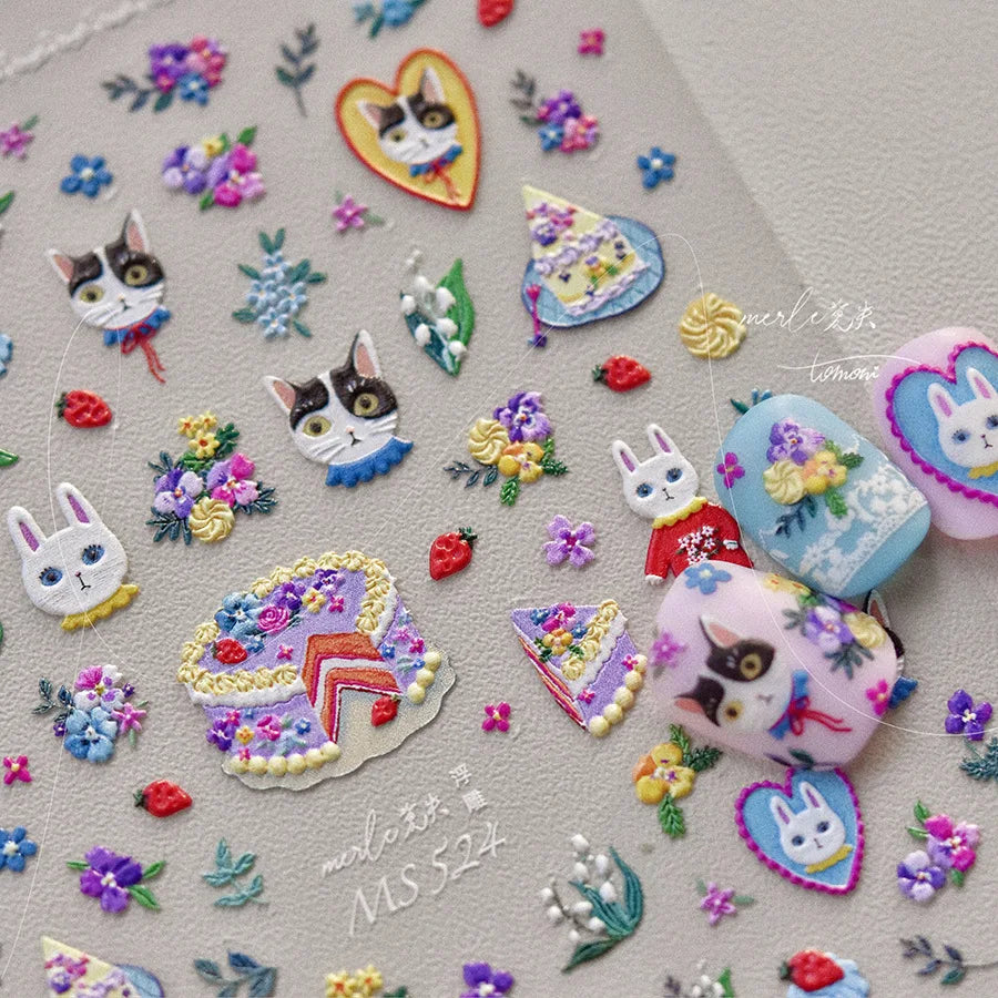 Lovely Animal Graffiti Cat Claw Rabbit Bunny Bear Dog Flower Fruit Dim Sum Candy Sunflower Adhesive 5D Nail Art Stickers Decal