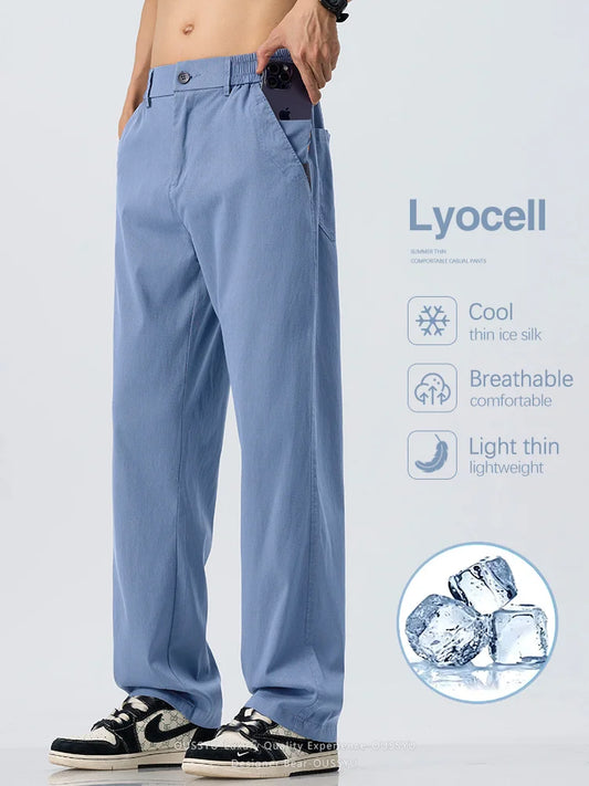 Summer Lyocell Fabric Ultra-thin Trousers Men's Loose Straight Cool Breathable Daily Sports Blue Casual Trousers Fashion Korean
