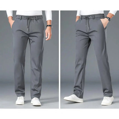 Men Casual Pants Loose Straight Drawstring Elastic Waist Business Pants Solid Color Breathable 2 Side Pockets Sports Trousers