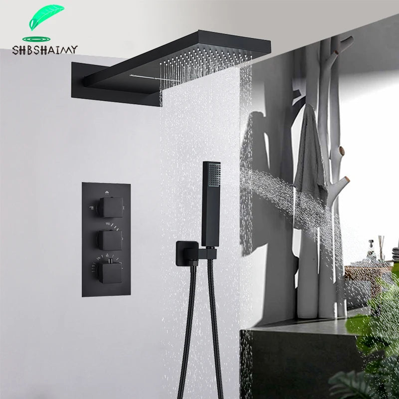 SHBSHAIMY Thermostatic Shower Faucets Bathroom Black Waterfall Shower Set Chrome Wall Mounted Three Ways Hot And Cold Mixer Tap