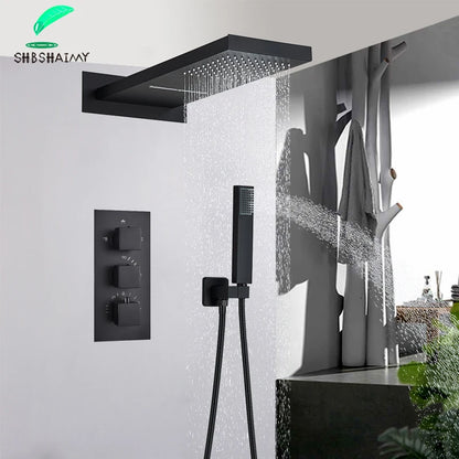 SHBSHAIMY Thermostatic Shower Faucets Bathroom Black Waterfall Shower Set Chrome Wall Mounted Three Ways Hot And Cold Mixer Tap