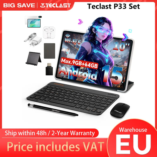 2026 Teclast P33 Android 15 Tablet, 10.1 Inch 1280x800, Max. 9GB RAM, 64GB ROM, A333, 5 Cores, 6000mAh, Type-C
