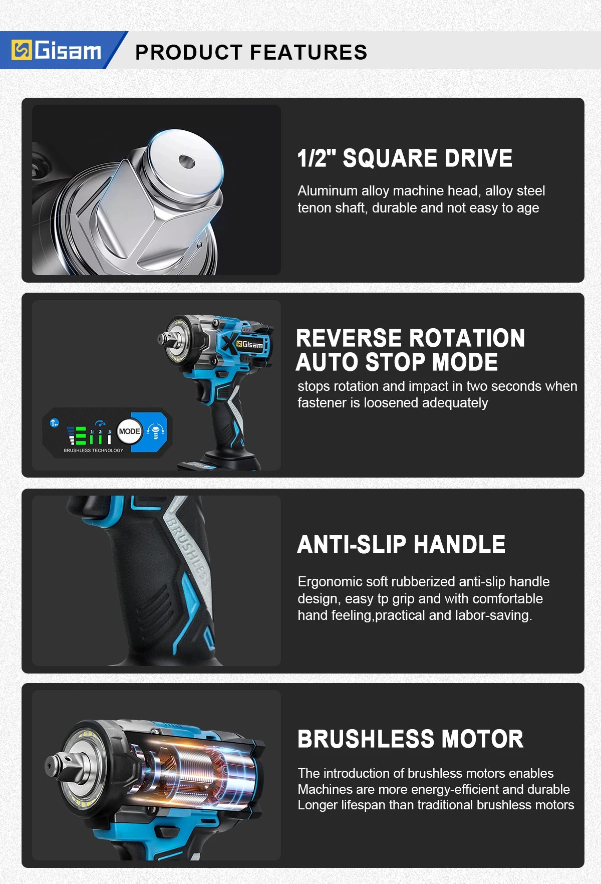 Gisam 900N.M Brushless Electric Impact Wrench 1/2" Cordless High Torque Wrench Drill Screwdrivers Tools For Makita Battery Pin