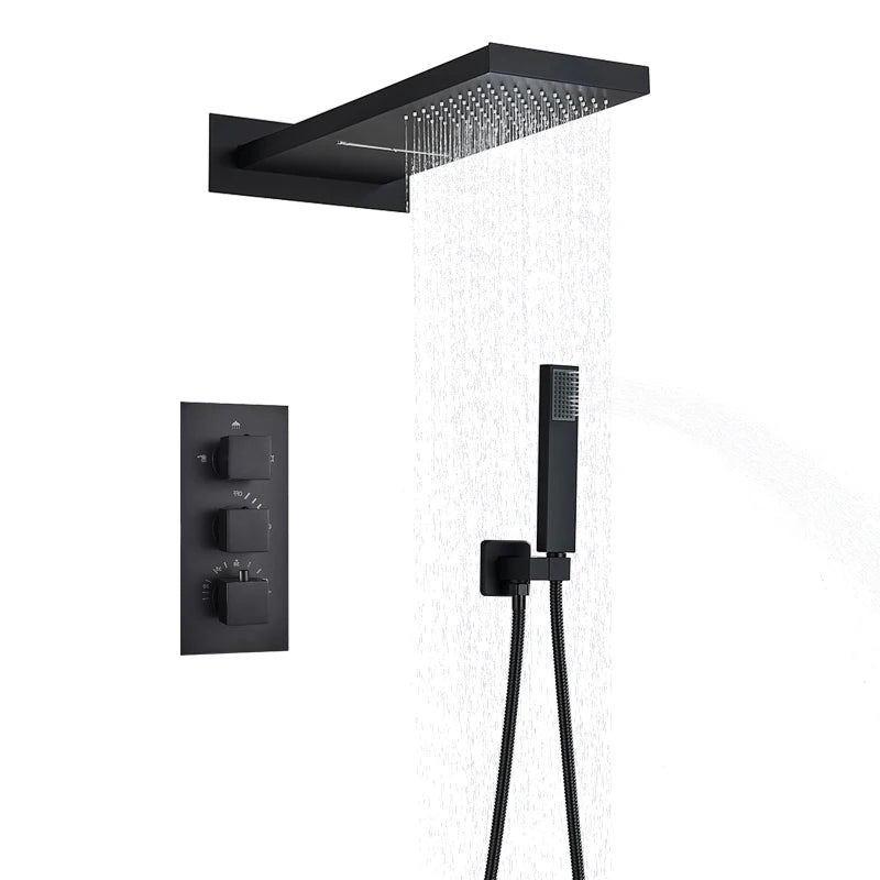 SHBSHAIMY Thermostatic Shower Faucets Bathroom Black Waterfall Shower Set Chrome Wall Mounted Three Ways Hot And Cold Mixer Tap