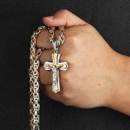 Diyalo Religious Jesus Cross Necklace Men Stainless Steel Crucifix Pendant with Byzantine Chain Necklaces Male Necklace Jewelry