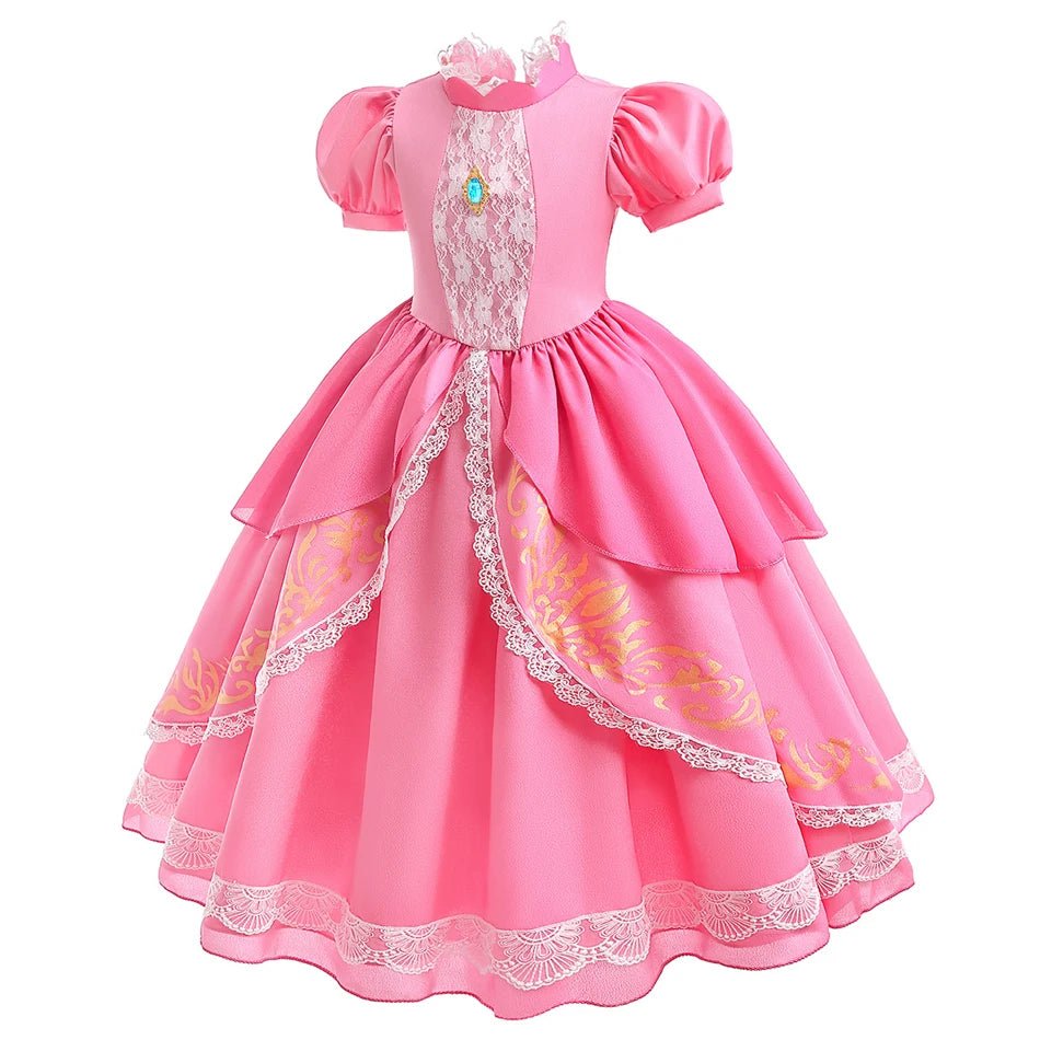Peach Princess Costume with LED Color Light Toddler Birthday Game Role Play Dress Girl Halloween Festival Gown Pink Lace 4-8 Y