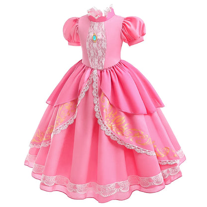 Peach Princess Costume with LED Color Light Toddler Birthday Game Role Play Dress Girl Halloween Festival Gown Pink Lace 4-8 Y