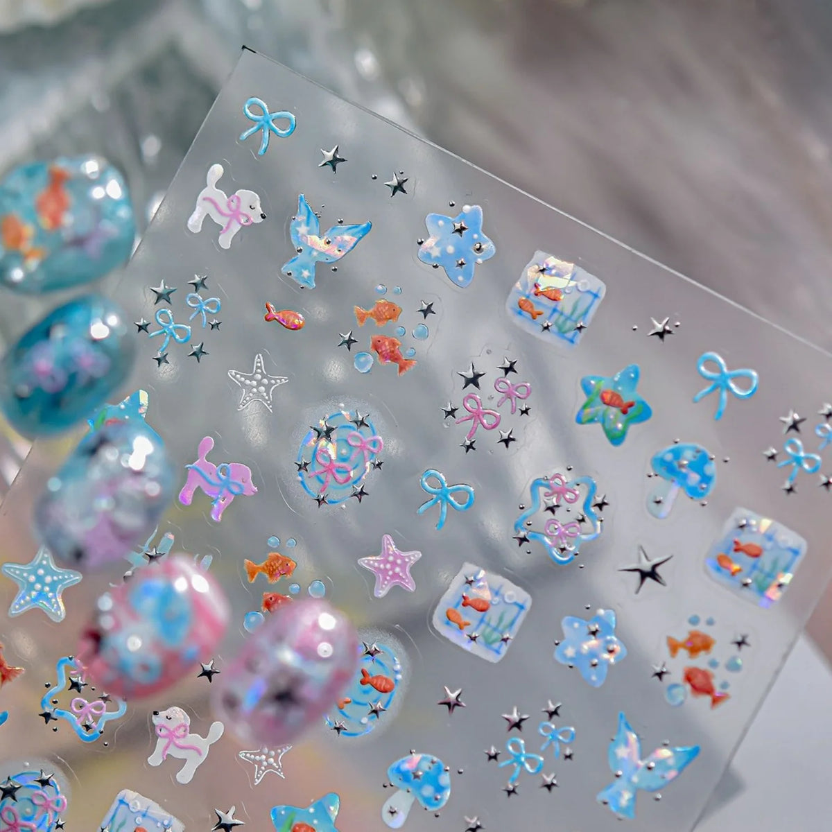 5D Starfish Fish Tail Small Fish Blue Bow Shell Silver Glitter Star Nail Art Stickers Ocean Fantasy Summer Nail Decals Manicure
