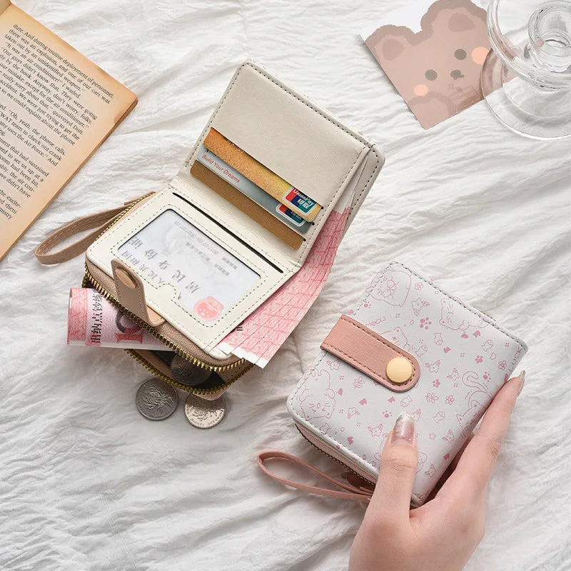 Japanese Cute Cat Girls Wallet Short Student ID Bank Card Holder Money Bag Zipper Wallets For Women Key Storage Purse Coin Purse