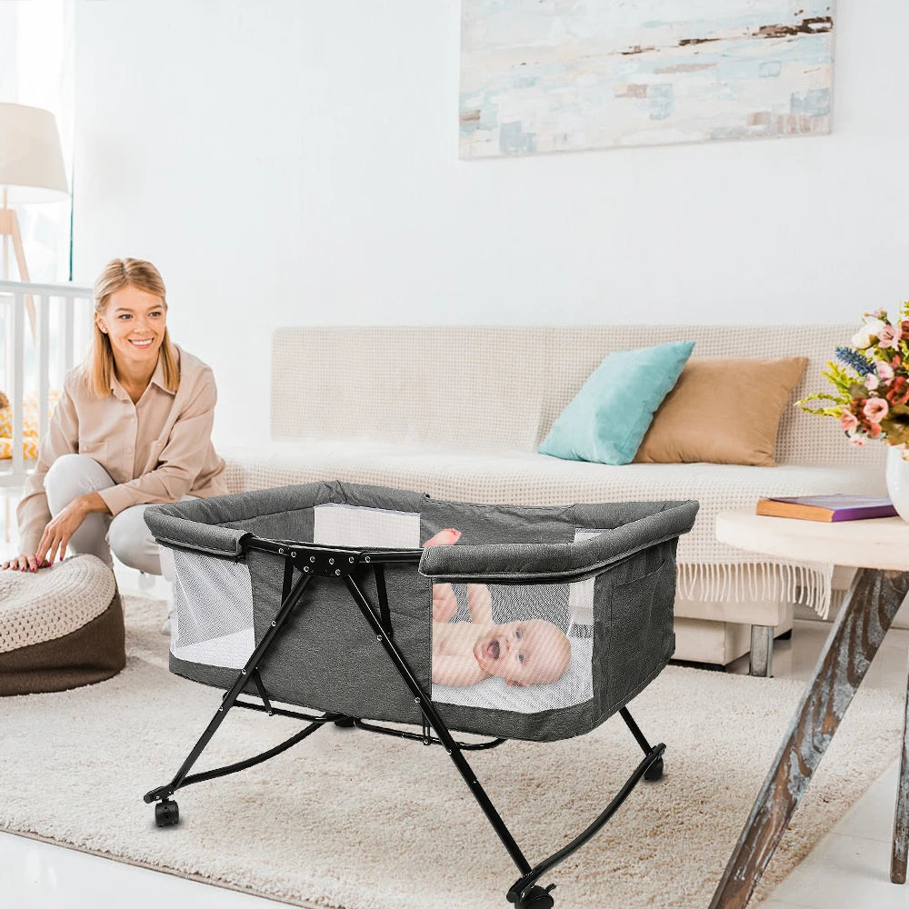 Portable baby bed foldable travel cradle with net and 0-2 year old universal wheel 60KG gray 106*92*55cm
