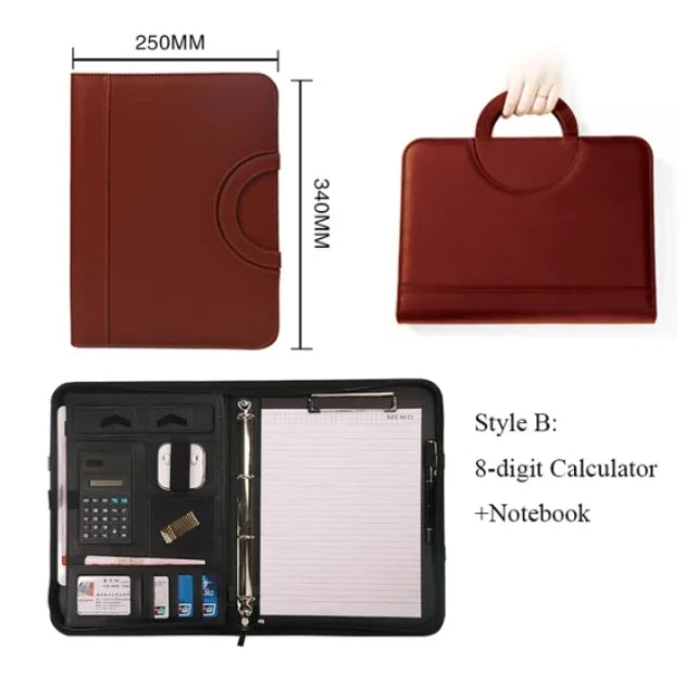 PU leather A4 zipper calculator binder conference file pad folder briefcase tablet portable circular handle file bag