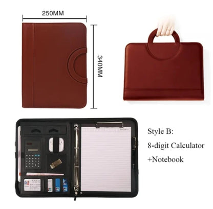 PU leather A4 zipper calculator binder conference file pad folder briefcase tablet portable circular handle file bag