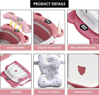 Collapsible Baby Bathtub for Newborn with Thermometer &1Soft Floating Cushion,Portable Travel Bathtub with Drain Hole,Baby Tubs