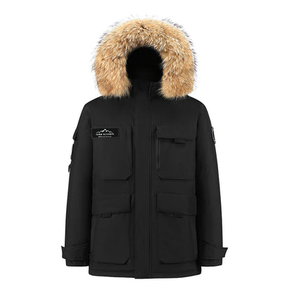 -30 Degree Down Parkas Men Windproof Hooded Thicken Multi-pocket Down Coat Casual Fashion Thick Warm Embroidered Design Parka