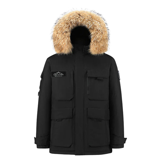 -30 Degree Down Parkas Men Windproof Hooded Thicken Multi-pocket Down Coat Casual Fashion Thick Warm Embroidered Design Parka