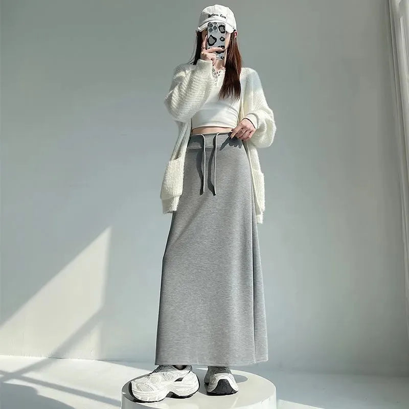 Women Spring Autumn Sports Maxi Skirt High Waist Drawstring A Line Straight Split Draped Casual Sweat Long Skirt