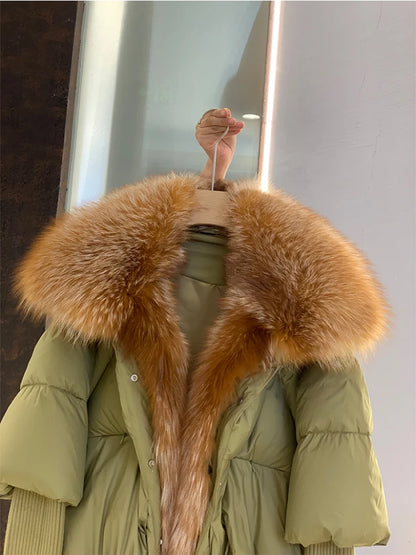Oversized Winter Warm Real Fox Fur Collar Black Down Coat Women Puffer Outerwear Jackets 2024 Autumn Winter