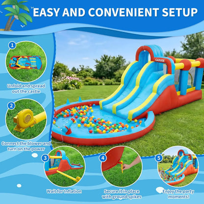 Garvee Kids Bouncy Castle with Water Slide, Large Inflatable with Blower, Jumping Area, Water Gun, Splash Pool, Outdoor Slide, Children’s Play Bouncer for Indoor or Outdoor Garden Games, Backyard Toy