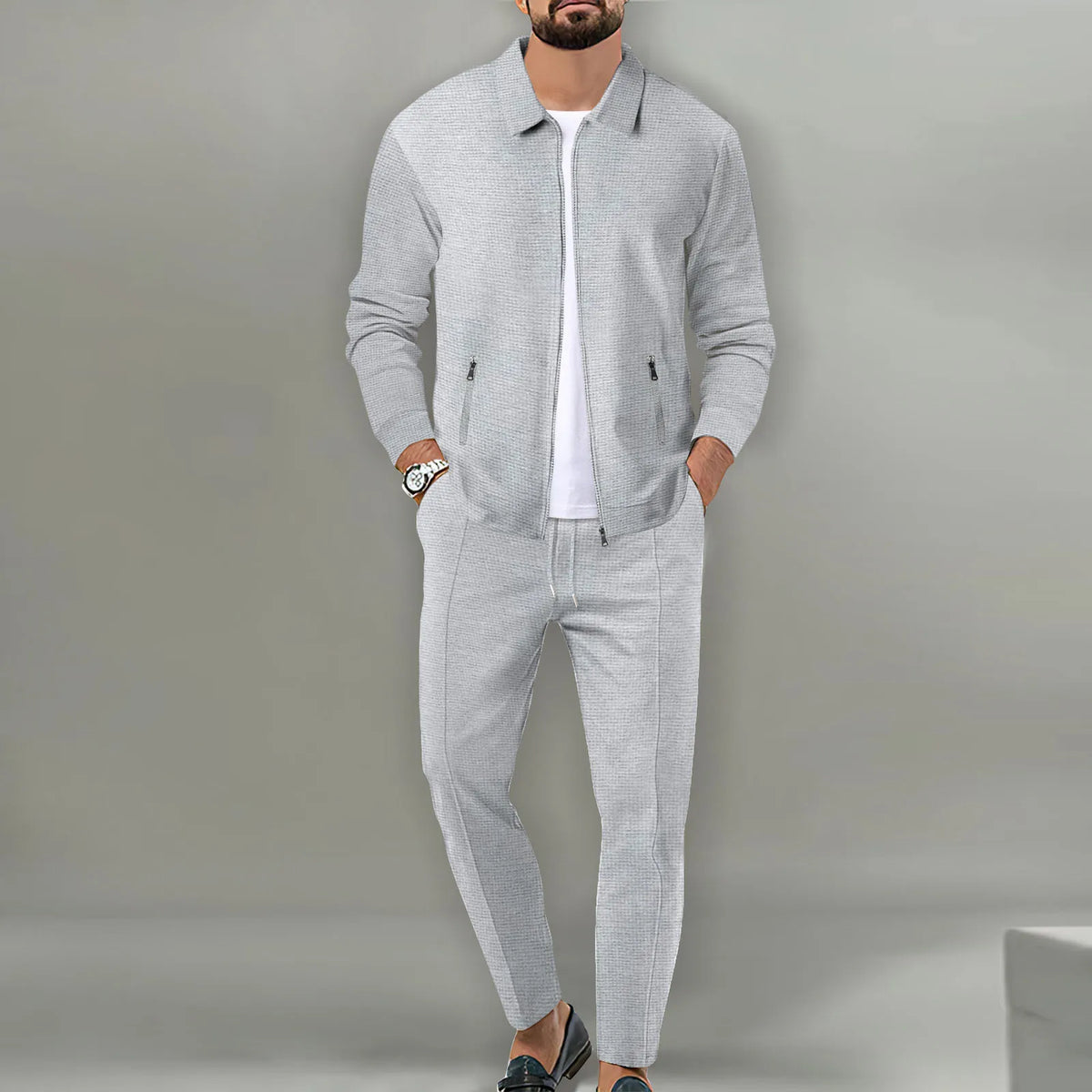 Autumn Winter Men's Casual Blazer Set New Fashion Waffle Baseball Suit Round Neck Pocket Zipper Long Sleeve Trousers Two-Piece S