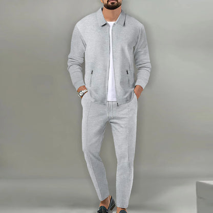 Autumn Winter Men's Casual Blazer Set New Fashion Waffle Baseball Suit Round Neck Pocket Zipper Long Sleeve Trousers Two-Piece S