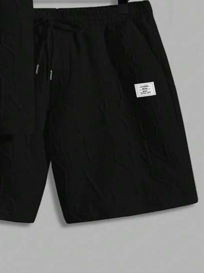 Men's Textured Letter Patched Round Neck Tee & Drawstring Shorts Two-Piece Set Regular Fit Casual Short Sleeve T shirt & Shorts