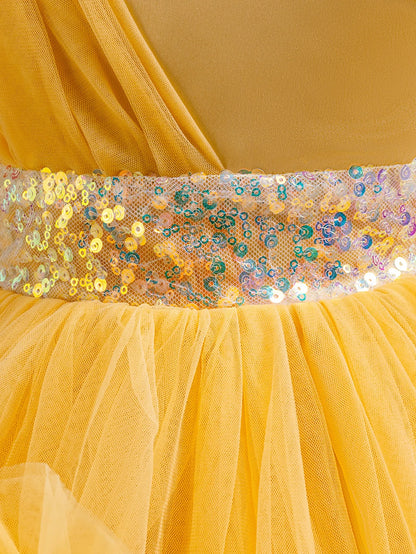 New sequined one shoulder trailing dress flower girl wedding dress lace chiffon princess dress graduation party evening dress