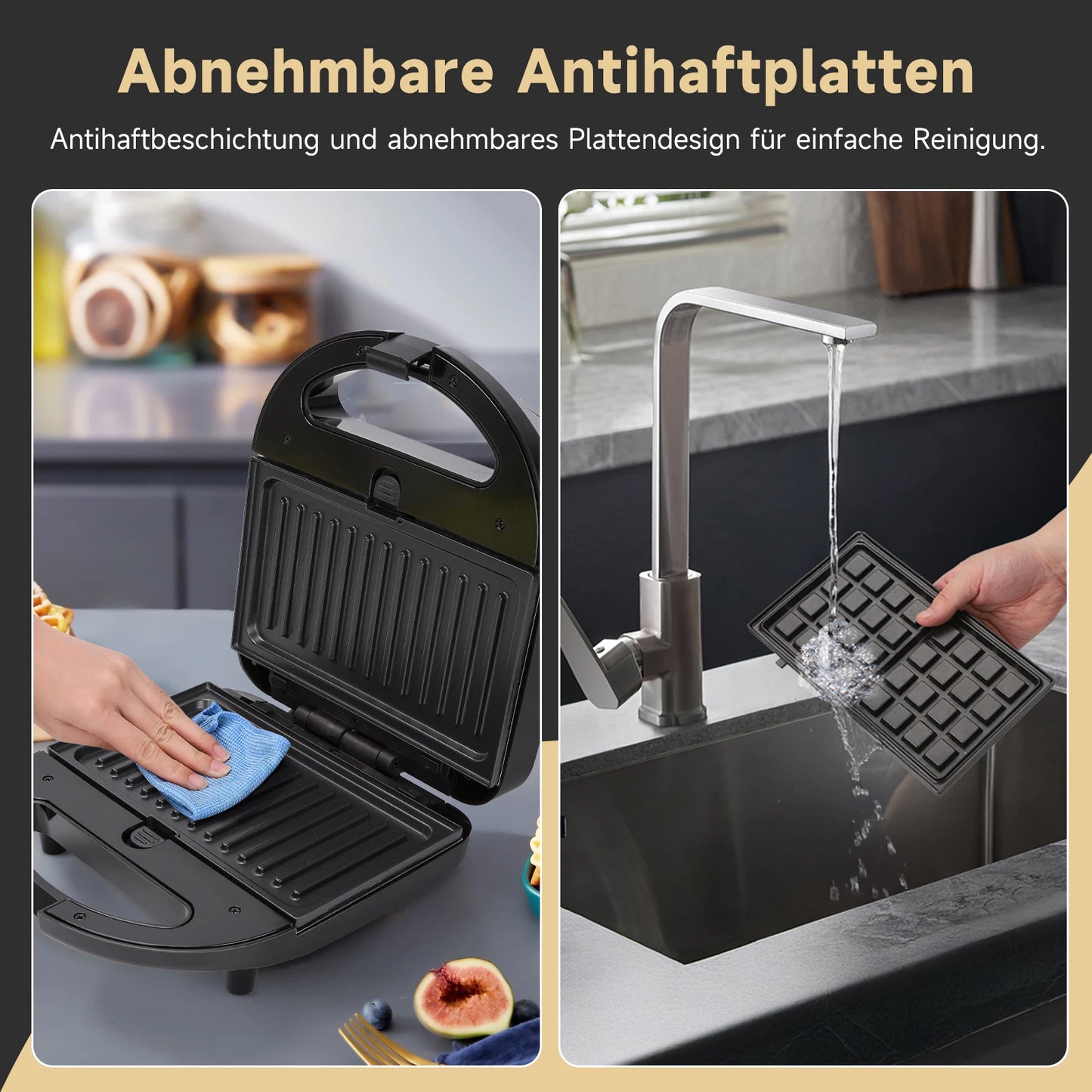 Aigostar 750W Sandwich Maker/Grill/Waffle 3 in 1. Compact Size with Automatic Thermostatic System, Non-Stick and Removable Plate
