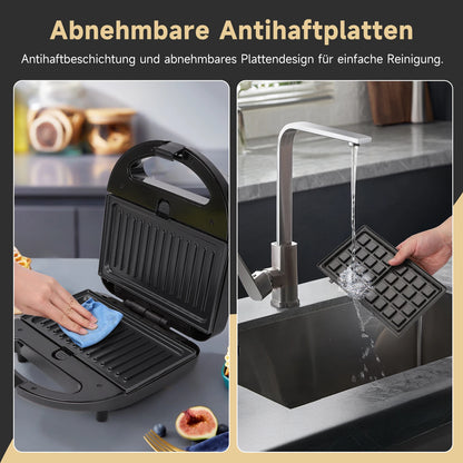 Aigostar 750W Sandwich Maker/Grill/Waffle 3 in 1. Compact Size with Automatic Thermostatic System, Non-Stick and Removable Plate