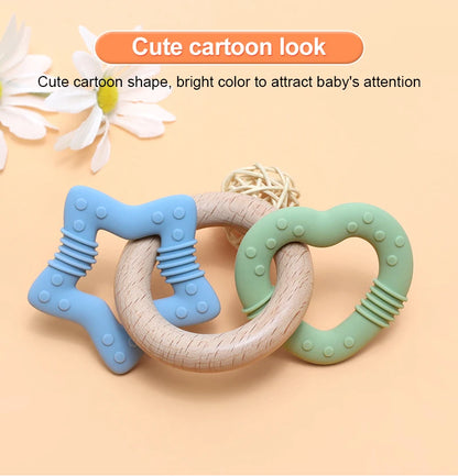 Silicone Star and Heart Teether with Teething Wooden Ring Baby Rattle Toy
