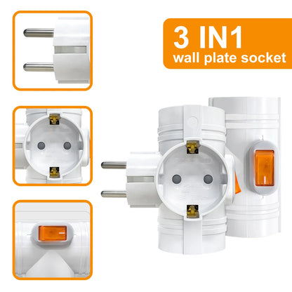 EU Converter Plug Adapter Electrical Socket With Switch German Standard 1 to 3 Way Outlets Double Plug Wall Socket Extender