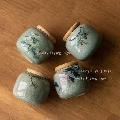 1pc Ceramics Hand Drawn Plum Blossom Urn for Ashes Pet Corpse Cremation Coffin Chinese Style Mini Urn with Lid for Ashes