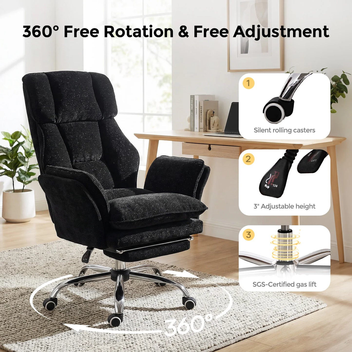 Pet Friendly Ergonomic Office Chair with Armrests, Cat Side Seat 360° Swivel Reclining Desk Chair for Cat Owners Furry Companion Work Chair with Footrest