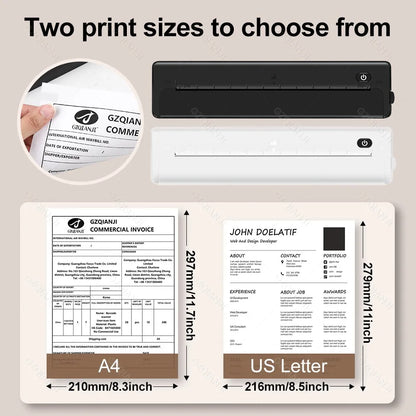 A4 Wireless Bluetooth PDF Printer Mini Portable Thermal Mobile Maker For Home Office PDF Photo Print with 50pcs Thermal Paper