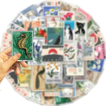 50pcs Retro Stamp Art Stickers Vintage Aesthetic Cartoon Decals For Laptop Luggage Skateboard Phone Sticker Kids Toys