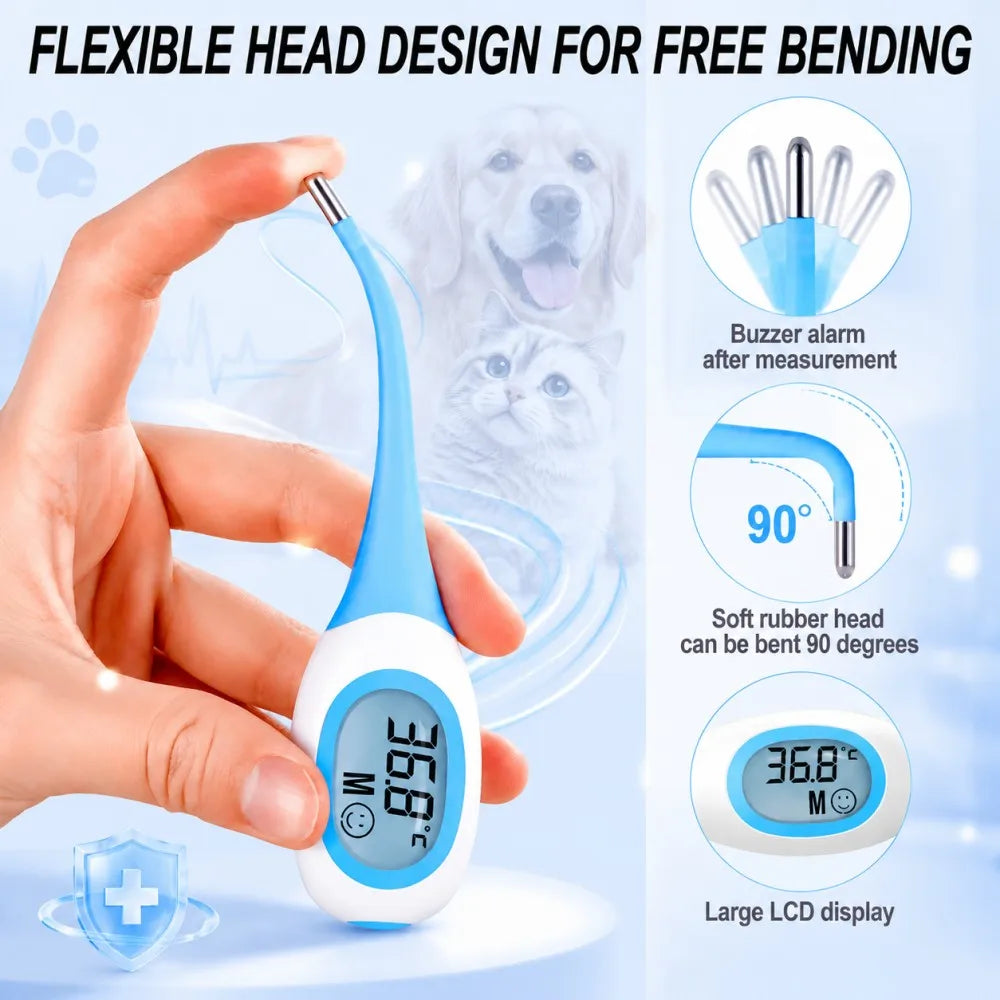 JUSTLANG Dog&Cat Thermometer Pet Fever Detection Large Digital Display Flexible Soft Tip Waterproof Veterinary Supply Animals