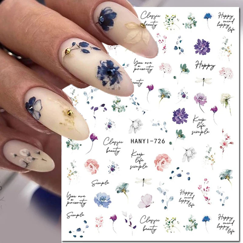 3d Nail Art Decals Elegant White RoyalBlue Roses Flowers Adhesive Sliders Nail Stickers Decoration For Nail Manicure