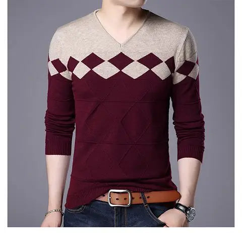 Autumn Winter New Men V-neck Pullover Sweaters Plaid Casual Korean Clothing Tees Fashion Slim Long Sleeve Bottoming Knitted Tops