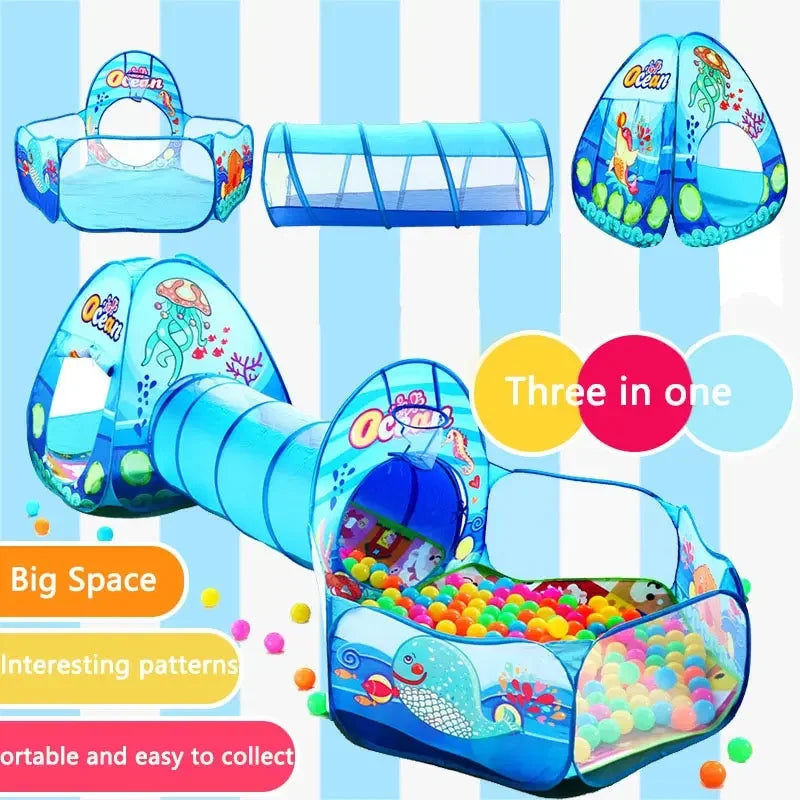 3 in 1 Integrated Play Set Consists of a Playhouse Tent Crawling Tunnel and Ball Pit It Adopts Foldable Lightweight Fabric