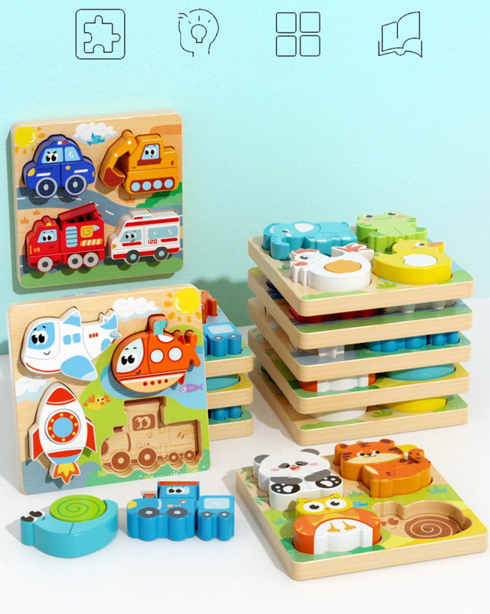 4-in-1 Wooden Toys 3D Wood Puzzle Cartoon Animals Cognitive Jigsaw Puzzle Early Learning Educational Toys For Children Gift