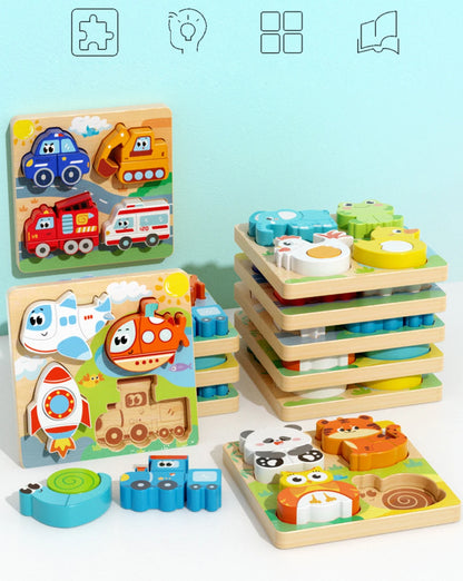 4-in-1 Wooden Toys 3D Wood Puzzle Cartoon Animals Cognitive Jigsaw Puzzle Early Learning Educational Toys For Children Gift